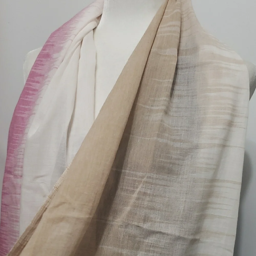 Eileen Fisher Pink and Beige Scarf with Pom‎ Pom Trim